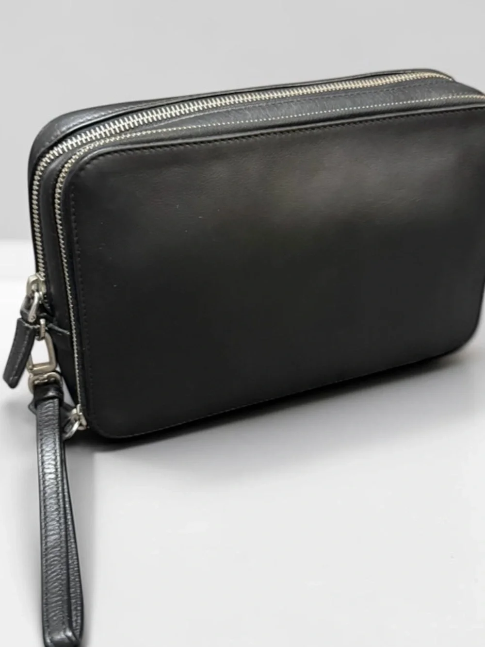 Prada Black Leather Wrist Strap Clutch Double zip Travel Organizer